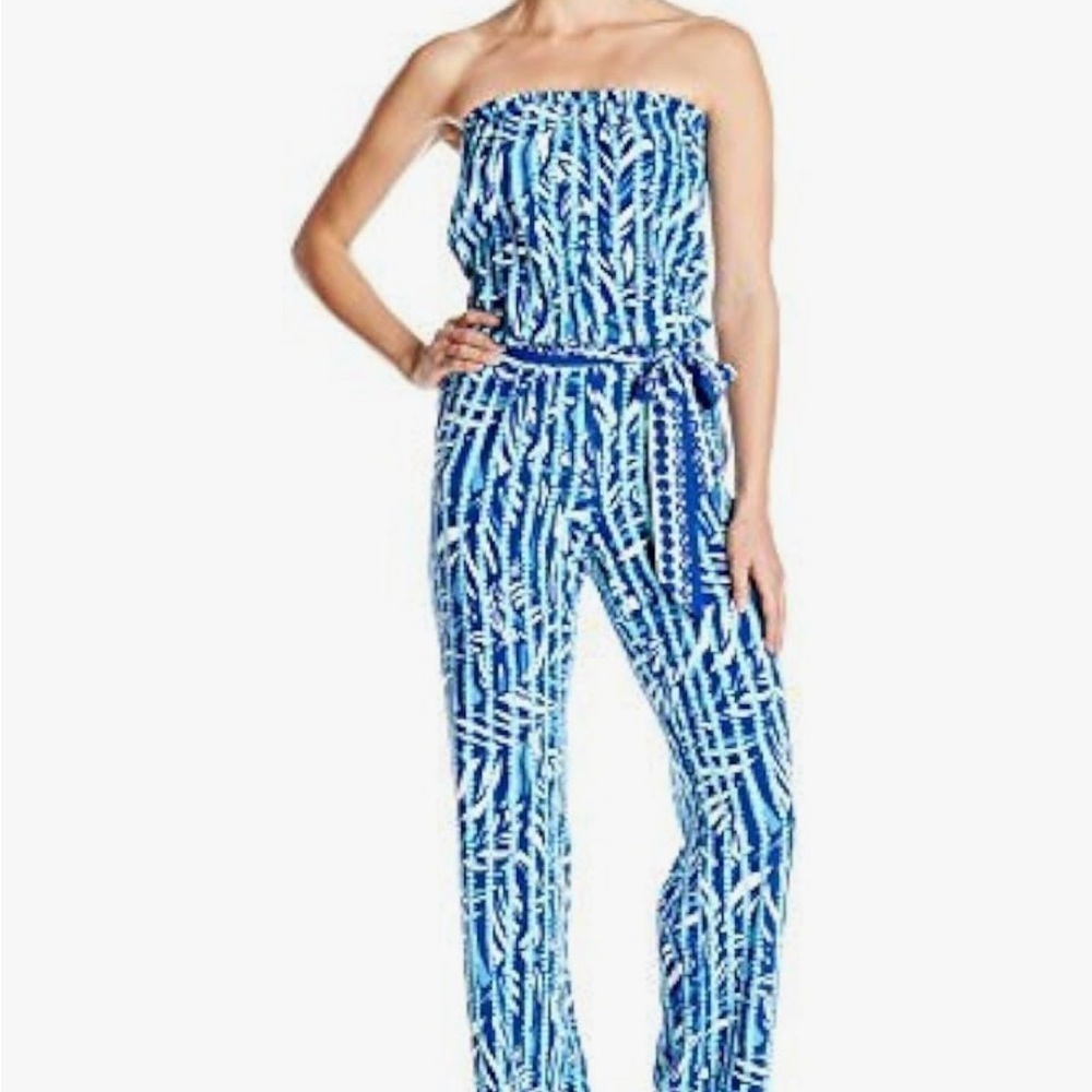 Lilly Pulitzer Tia Blue and White Strapless Jumpsuit with Elastic Waistband